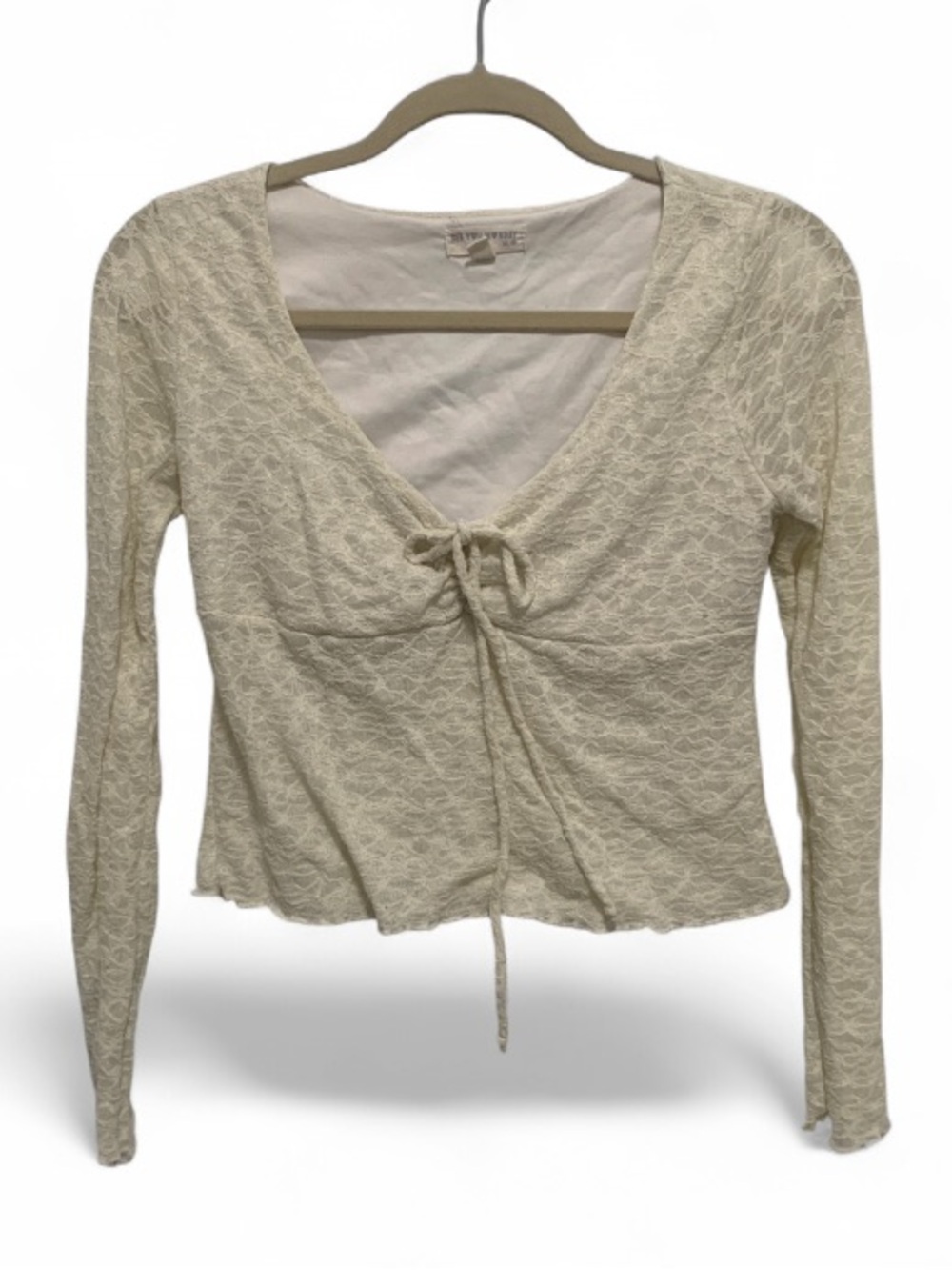 See You Monday Cream Lace Tie-Front Long Sleeve Crop Top
